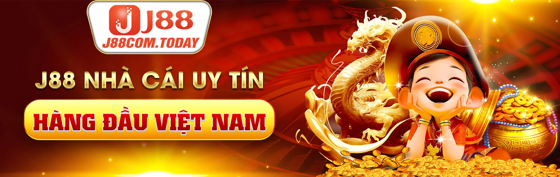 Banner giới thiệu J88 với hình Thần Tài và rồng vàng